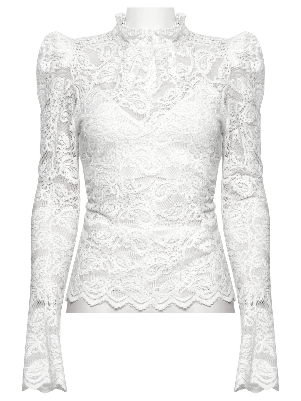 Elegant long-sleeved white lace blouse for women with ruffled collar and bubble sleeves.