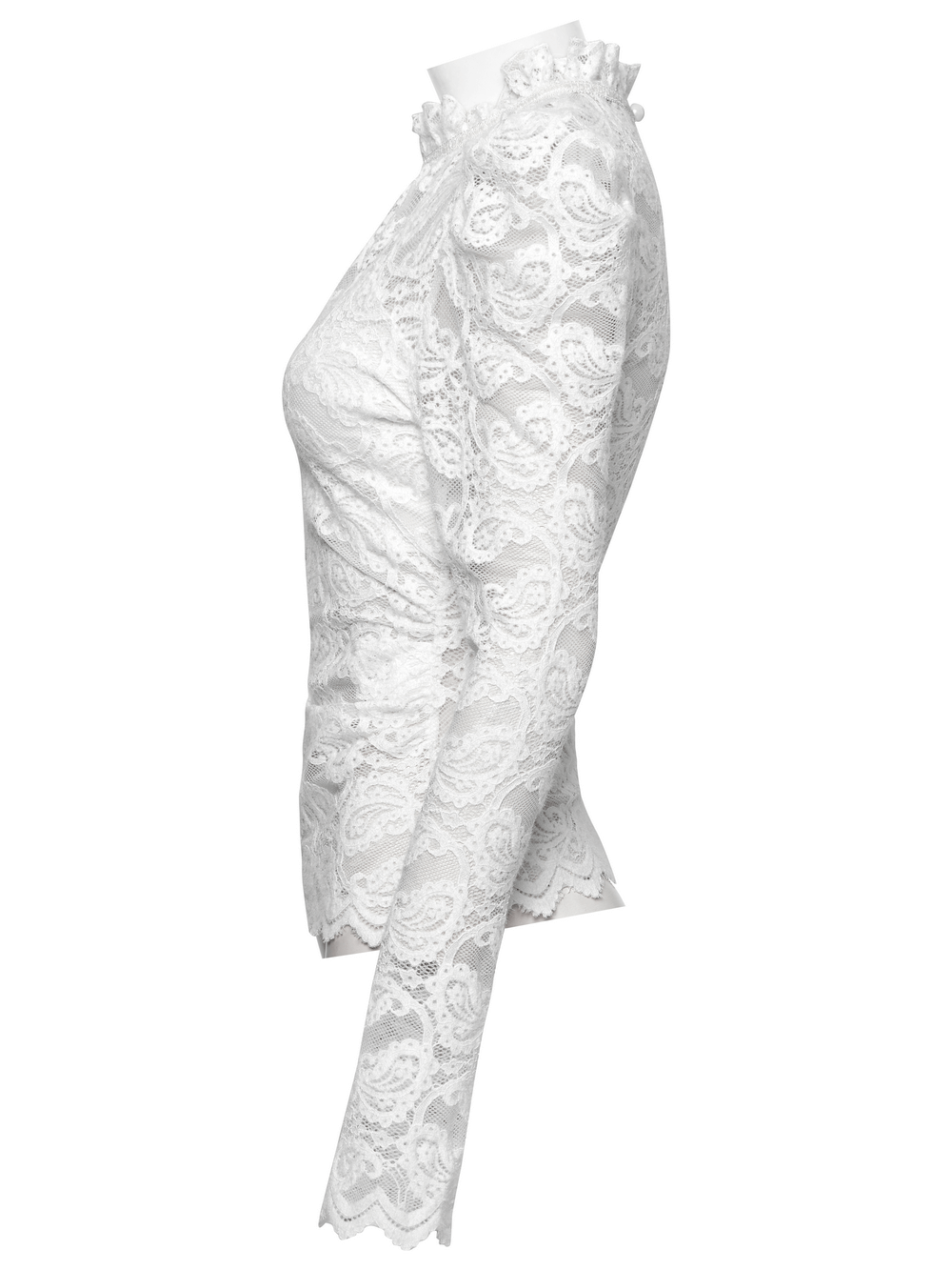 Side view of a long-sleeved white lace evening blouse for women with ruffled collar and lace detailing.