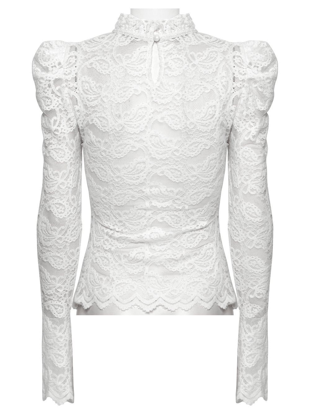 Long-sleeved white lace evening blouse for women with ruffled collar and bubble sleeves.