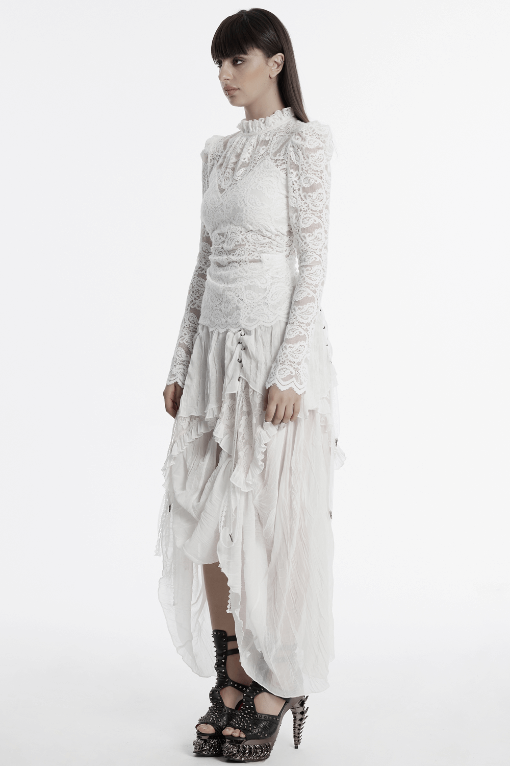 Elegant long-sleeved white lace evening blouse for women, featuring a pleated collar and dramatic bubble sleeves.