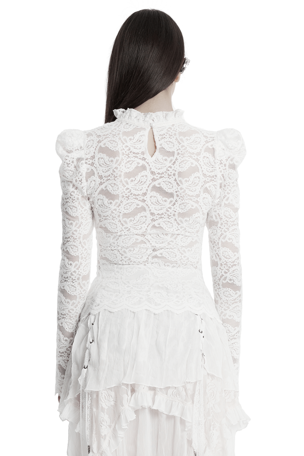 Elegant back view of a long-sleeved white lace blouse with ruffled collar and bubble sleeves.