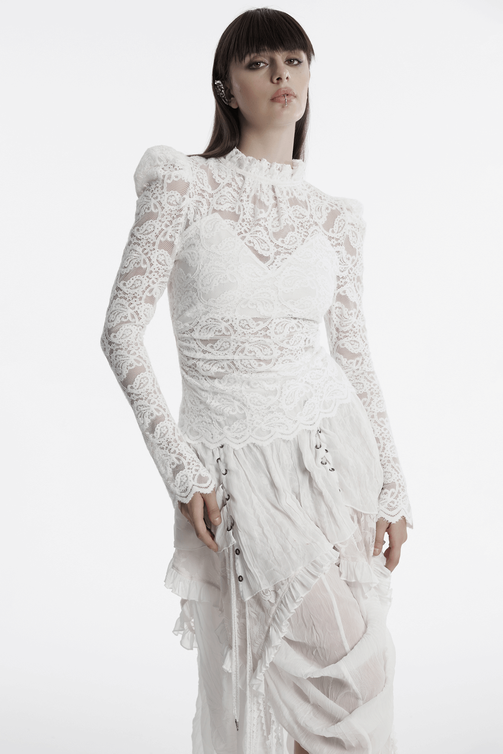 Elegant long-sleeved white lace blouse for women, featuring ruffled collar and bubble sleeves, perfect for evening events.