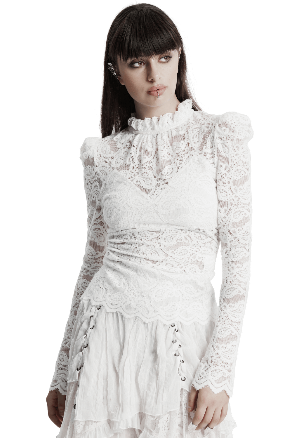 Elegant long-sleeve white lace blouse for women with ruffled collar and bubble sleeves.