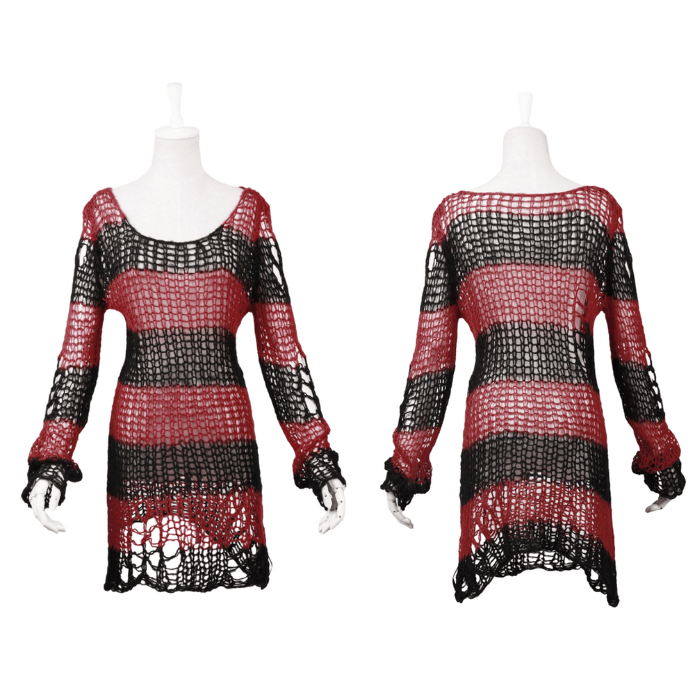 Long sleeves red and black striped crocheted sweater showcasing edgy, modern style on a mannequin.