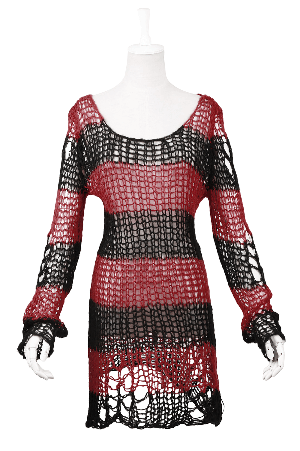 Edgy long-sleeve red and black striped crocheted sweater on mannequin. Perfect for a bold, rockstar-inspired look.