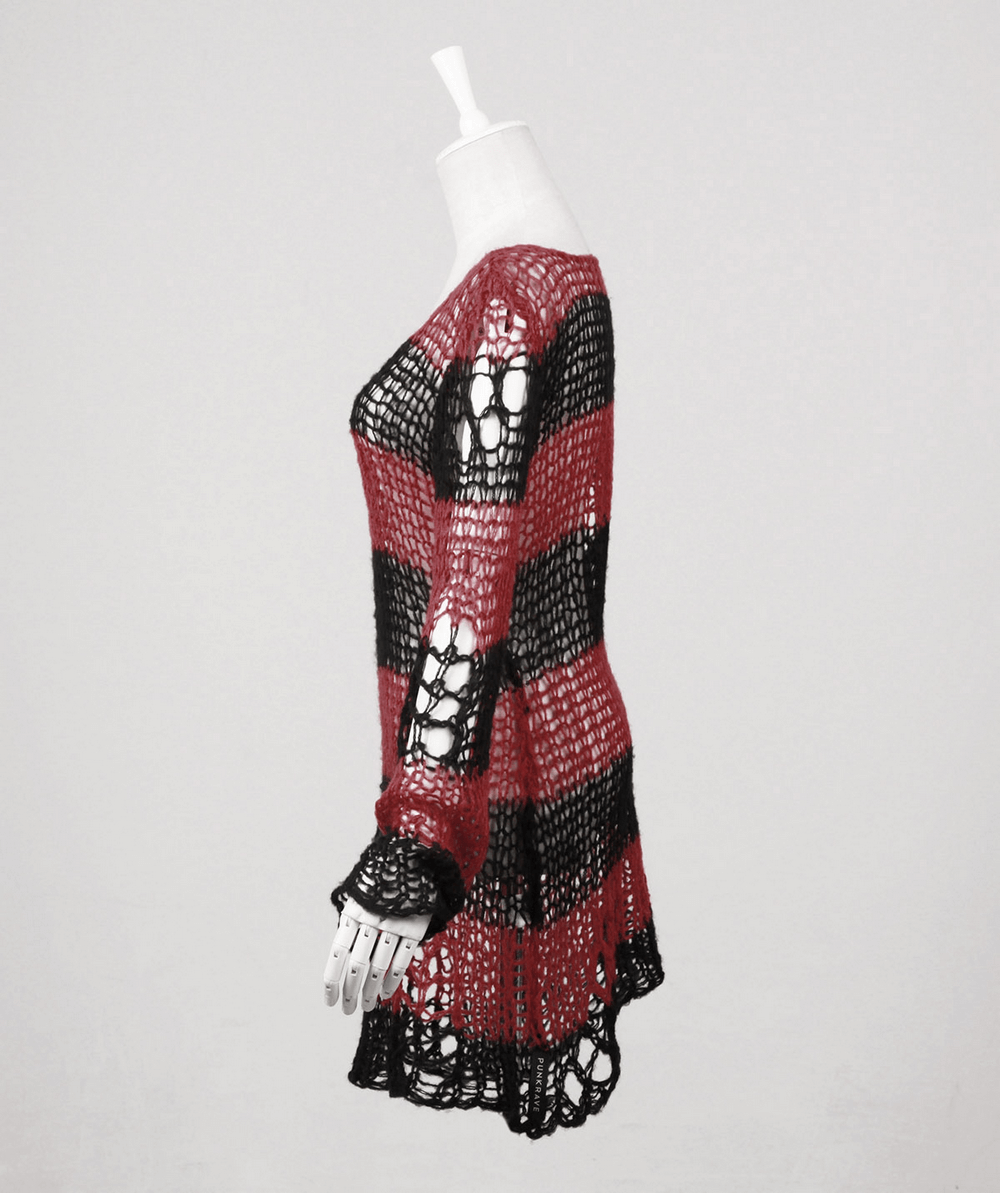Side view of a long sleeve red and black striped crocheted sweater, perfect for edgy style and bold fashion statements.