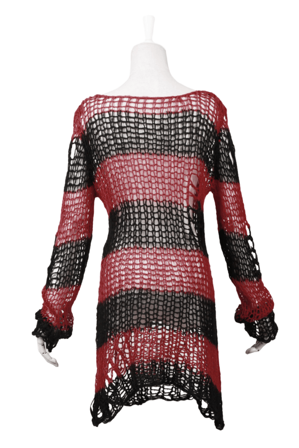 Bold red and black striped crocheted sweater with long sleeves, perfect for an edgy style.