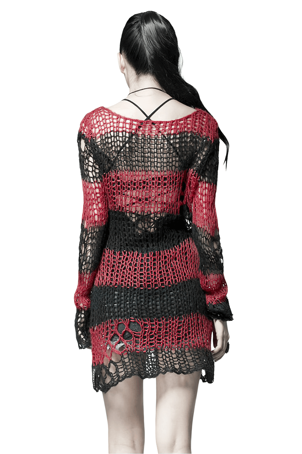 Long Sleeves Red and Black Striped Crocheted Sweater