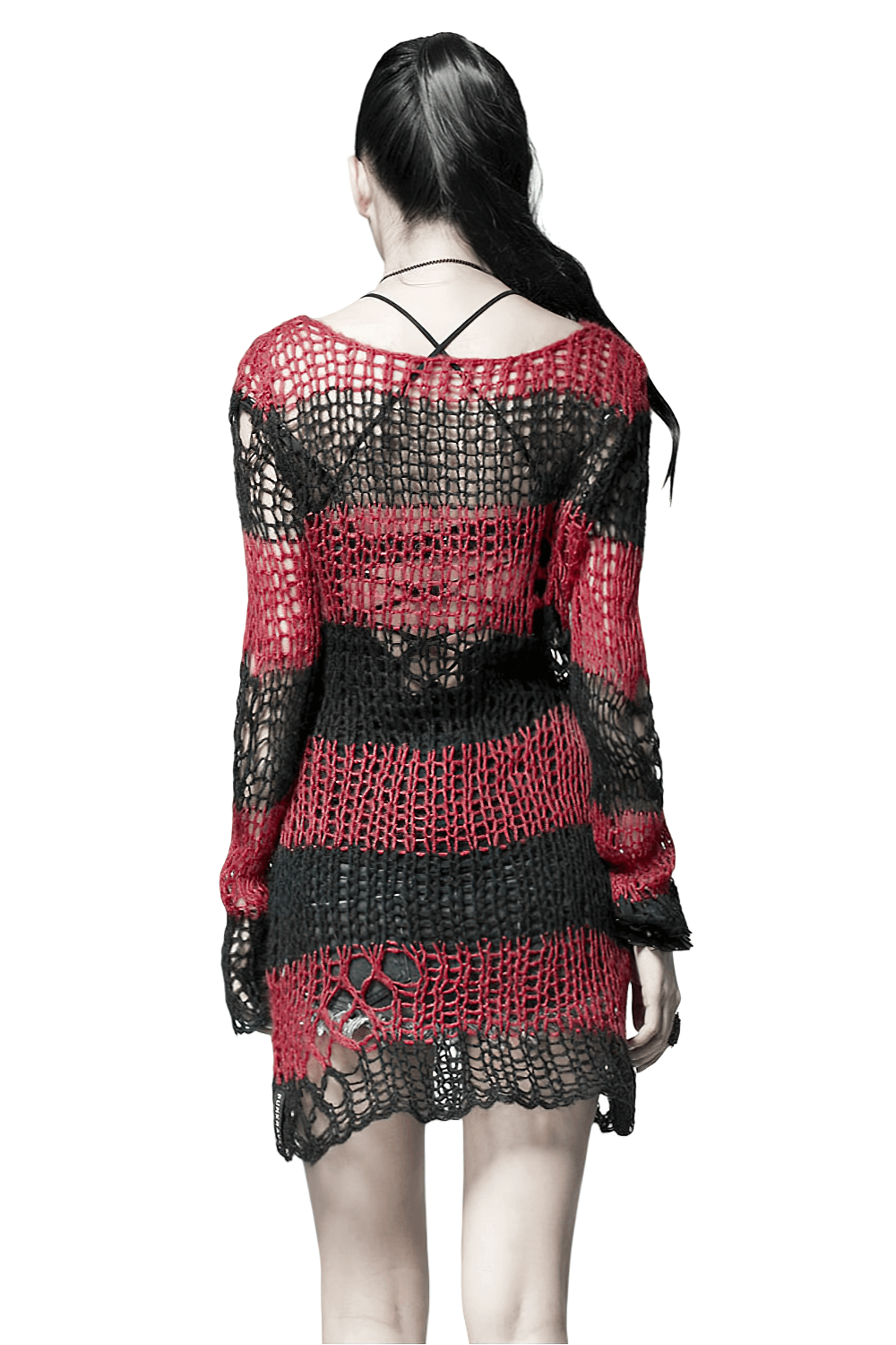 Back view of a bold red and black striped crocheted sweater, perfect for edgy fashion statements.