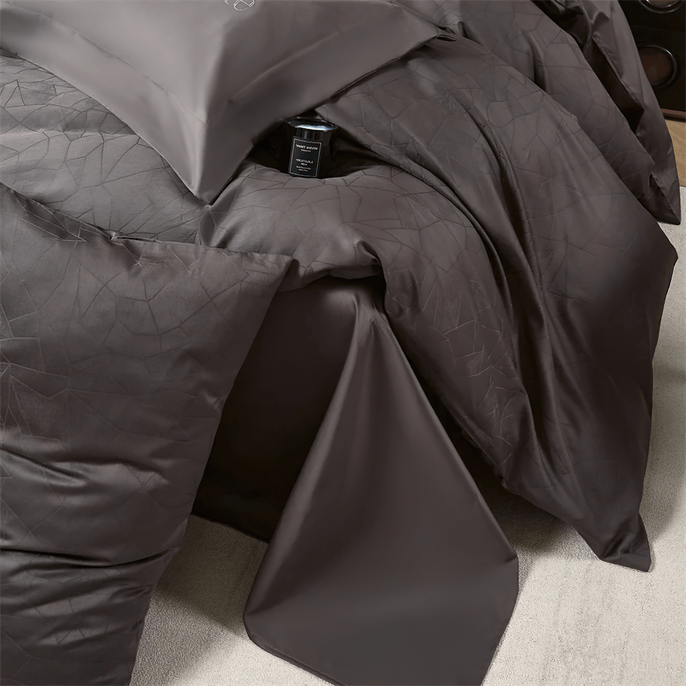 Long Staple Cotton Sateen Jacquard Bedding Set featuring sleek, smooth fabric and subtle geometric patterns.