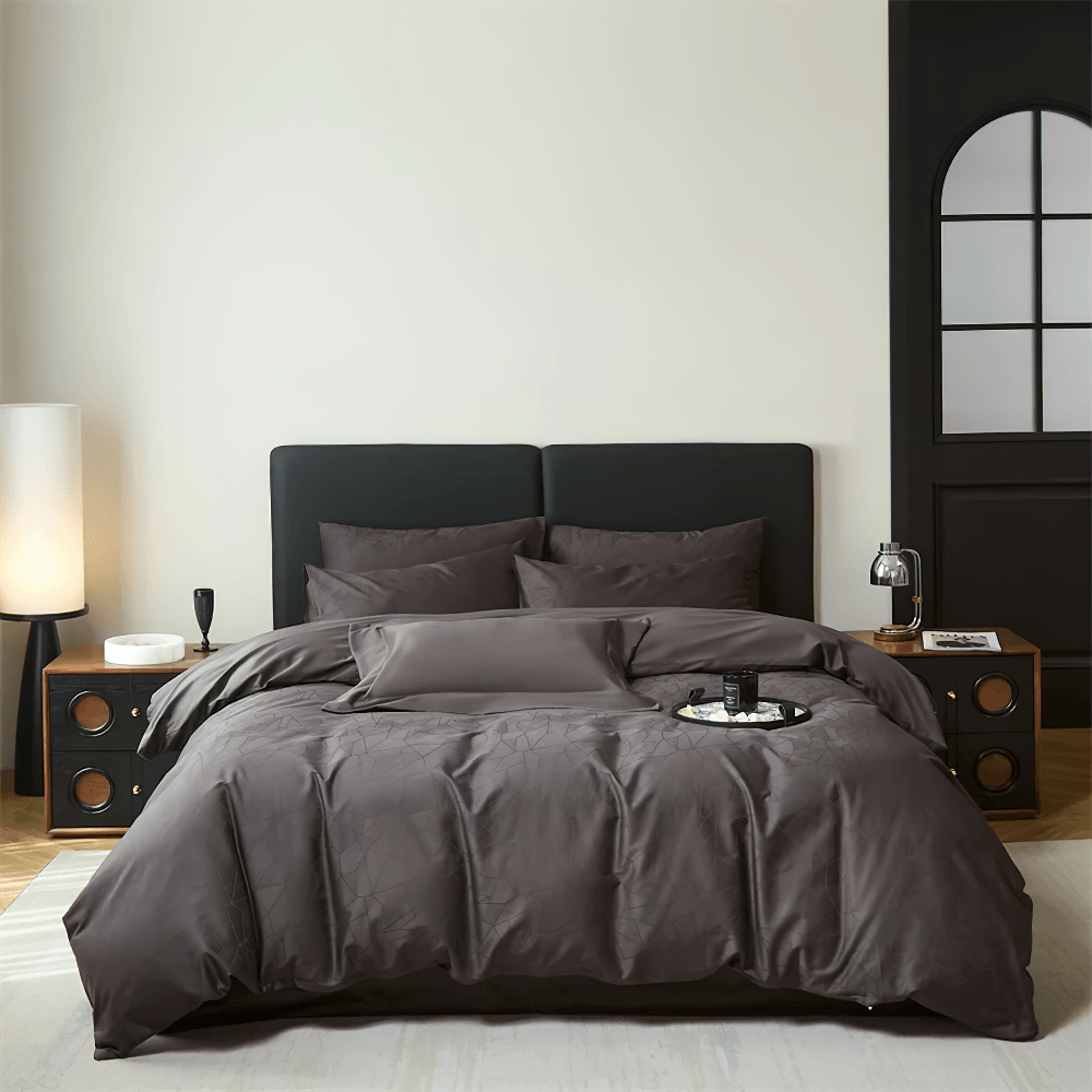 Long Staple Cotton Sateen Jacquard Bedding Set in a chic dark tone, enhancing modern minimalist bedroom decor.