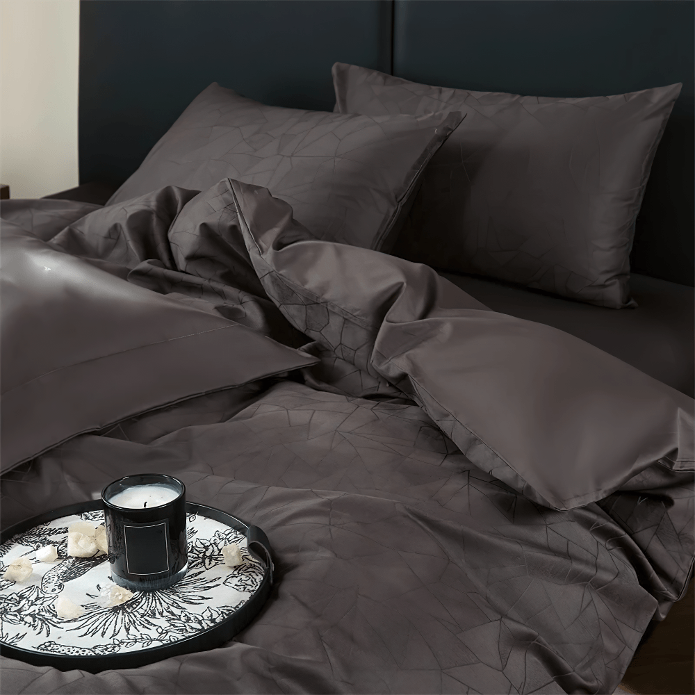 Long Staple Cotton Sateen Jacquard Bedding Set featuring a sleek, smooth sheen and subtle geometric pattern.