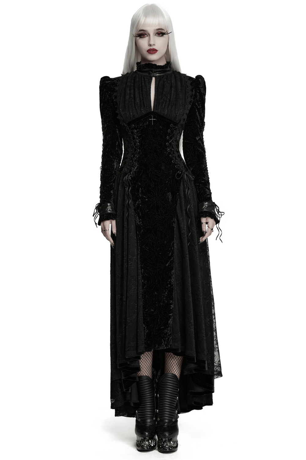 Long Velvet Dress with Lace Trim and Fitted Waistline, gothic floor-length black dress with lace-up waist and keyhole neck