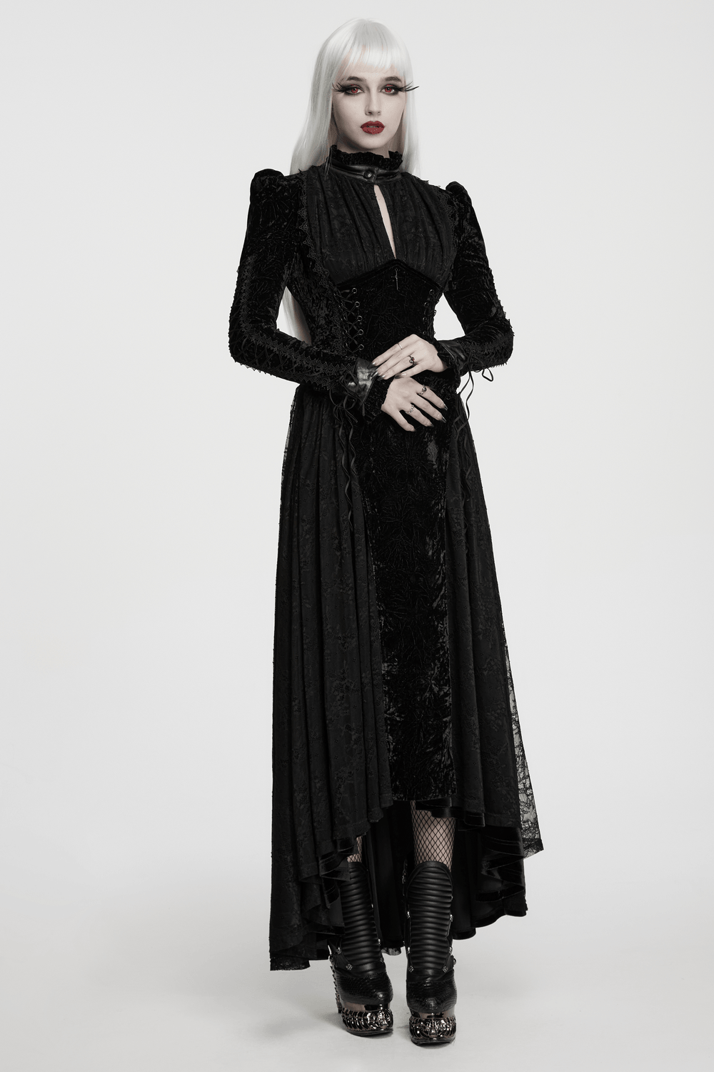 Long Velvet Dress with Lace Trim and Fitted Waistline, gothic floor-length black dress with lace sleeves and corset lacing