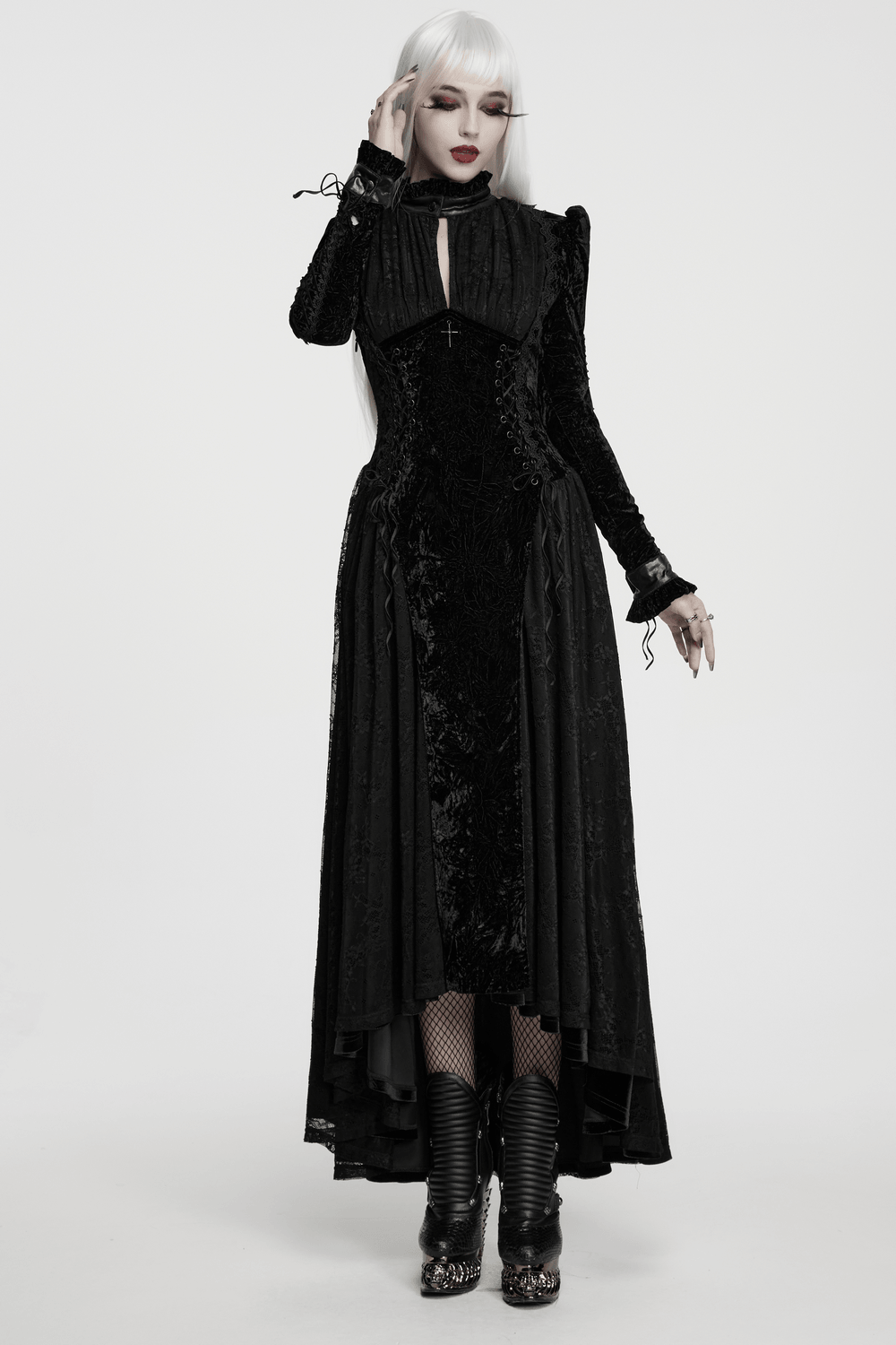 Long Velvet Dress with Lace Trim and Fitted Waistline, gothic black floor-length style with keyhole neck and lace-up back
