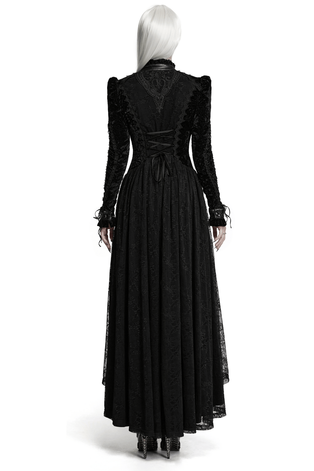 Long Velvet Dress with Lace Trim and Fitted Waistline, black gothic gown with lace-up back and puff sleeves