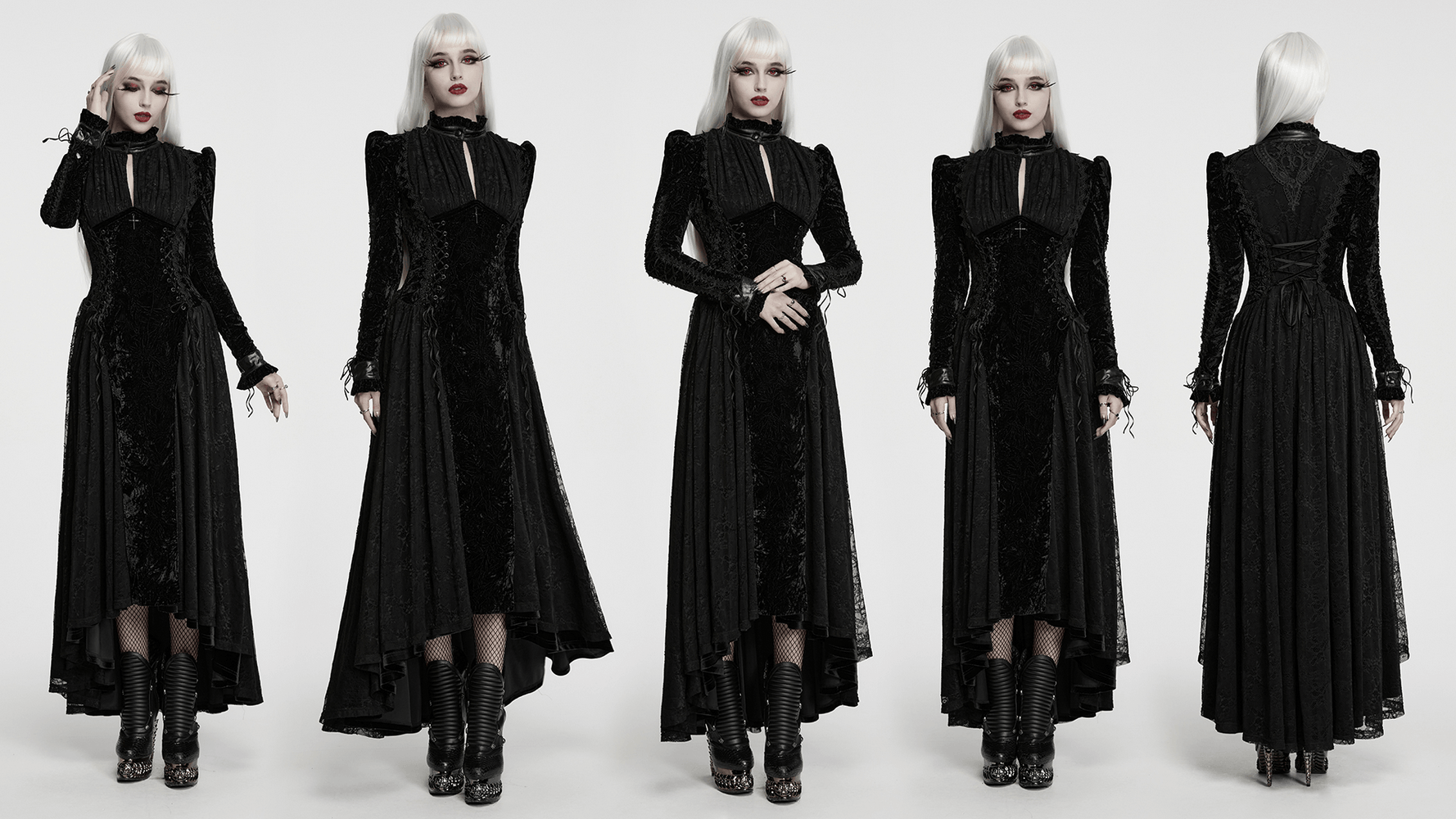 Long Velvet Dress with Lace Trim and Fitted Waistline black gothic maxi dress with lace-up back and puff sleeves