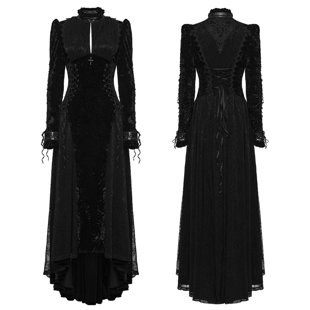 Long Velvet Dress with Lace Trim and Fitted Waistline, black floor-length gothic dress with keyhole neck, lace-up back and puff sleeves