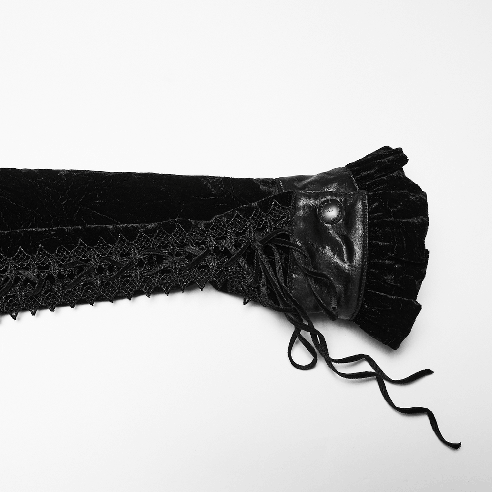 Long Velvet Dress with Lace Trim and Fitted Waistline, black velvet cuff with lace-up detail
