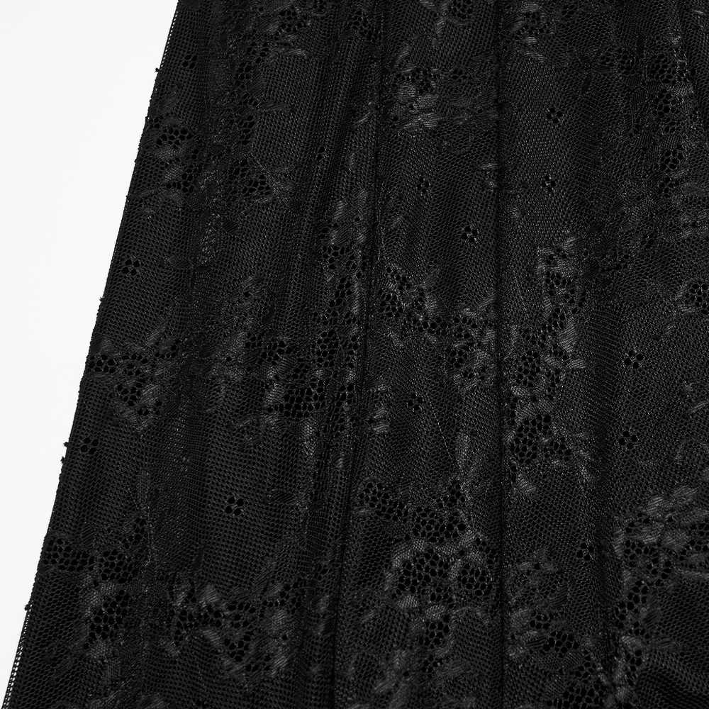 Long Velvet Dress with Lace Trim and Fitted Waistline, black lace-textured floor-length skirt with elegant floral detail