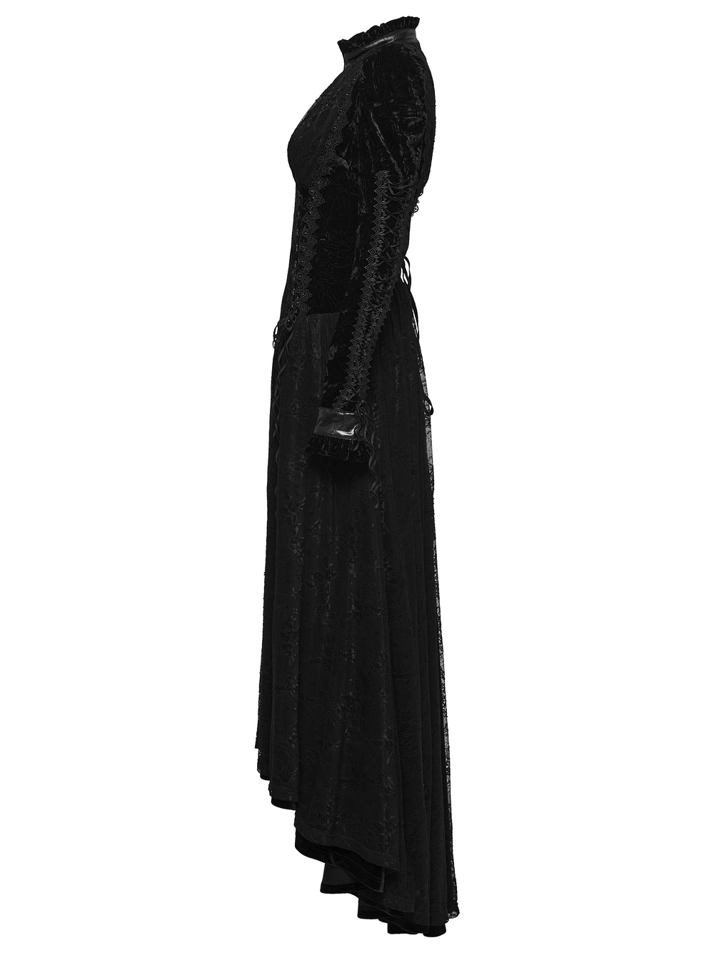 Long Velvet Dress with Lace Trim and Fitted Waistline, side-view black floor-length dress with keyhole neck and lace-up back