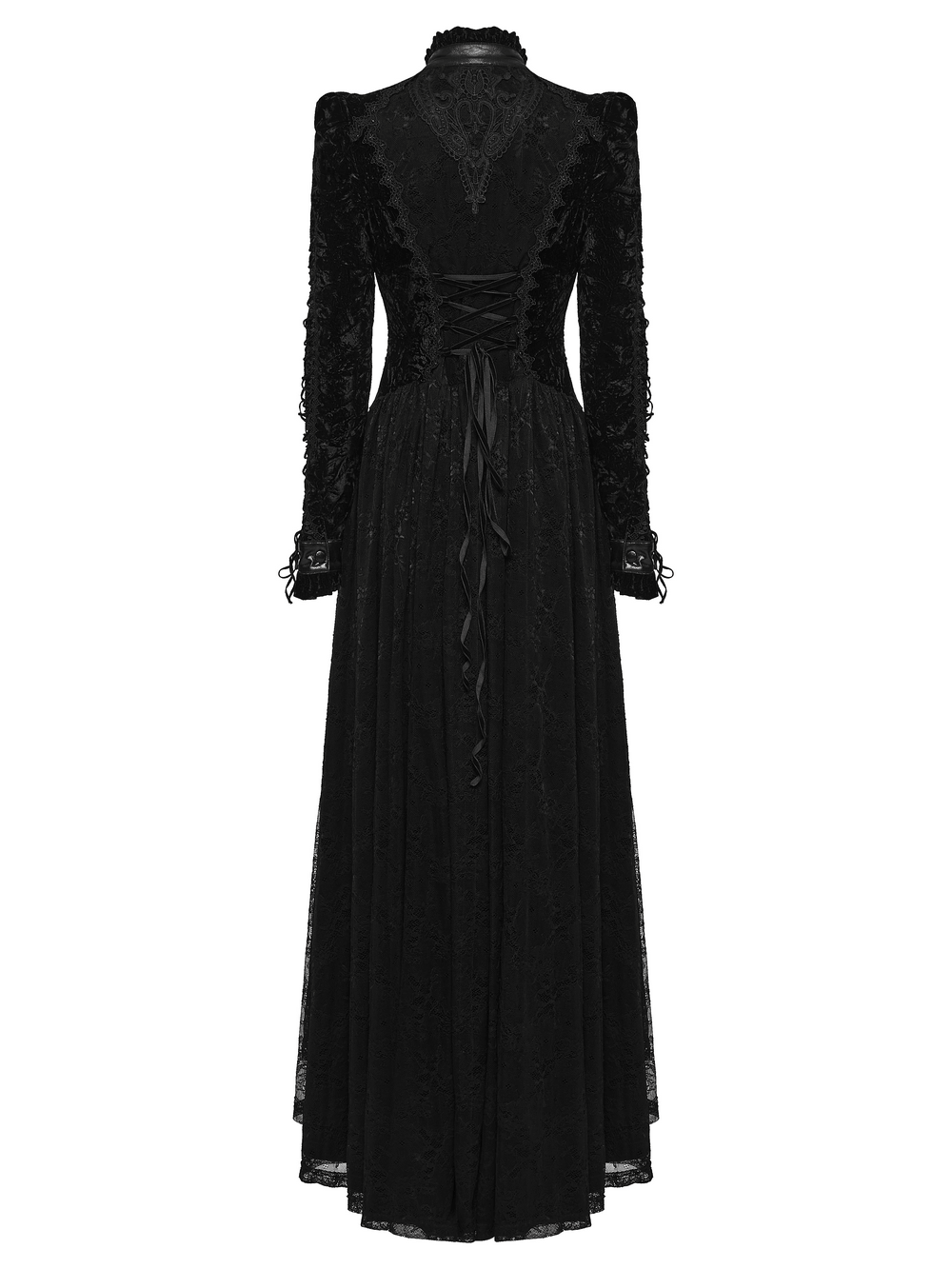 Long Velvet Dress with Lace Trim and Fitted Waistline, floor-length black gown with lace-up back and puff sleeves