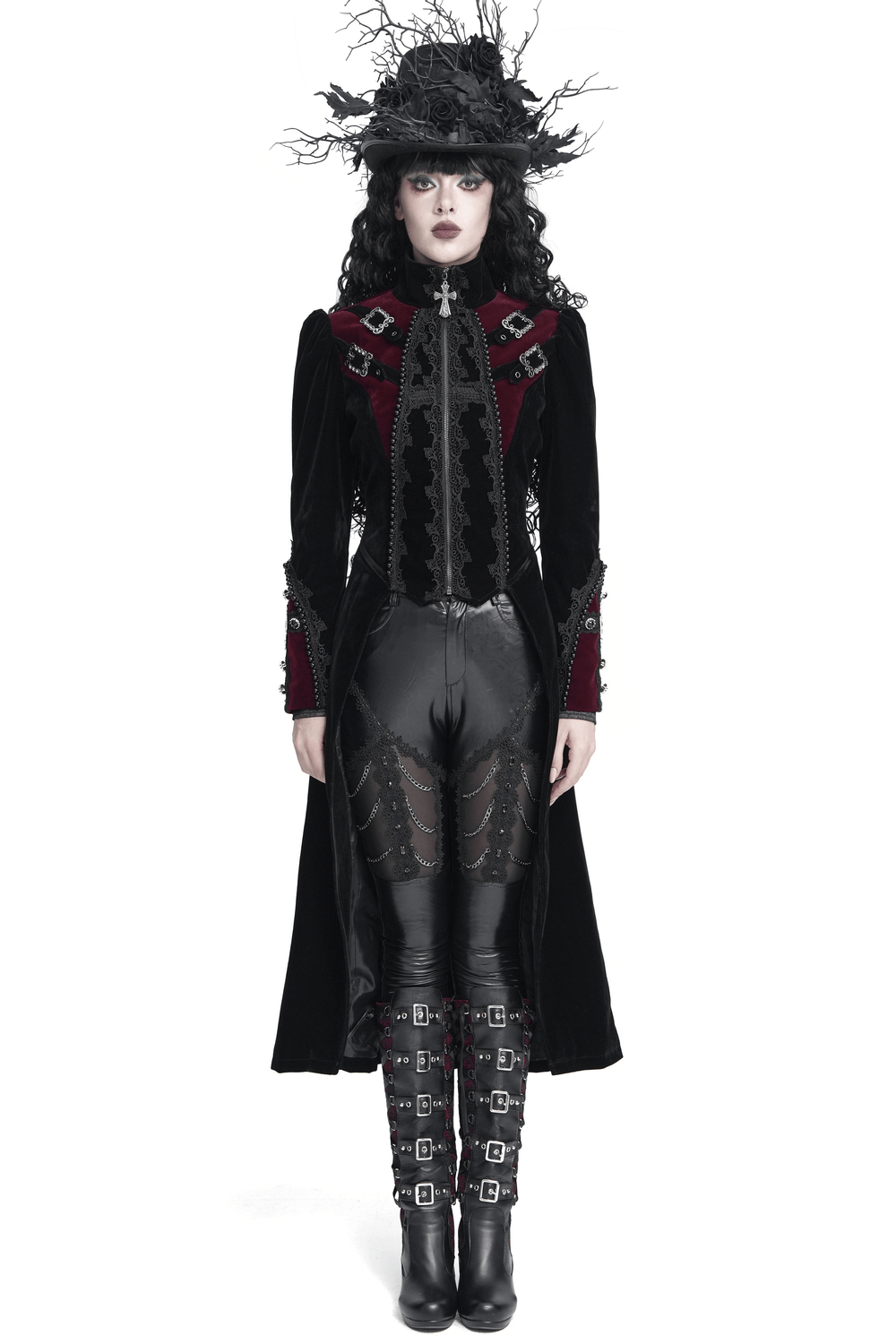 Longline Tailcoat with Embellished Cuffs and Back Panels, gothic women's coat with lace trim, metal clasps and flowing tails