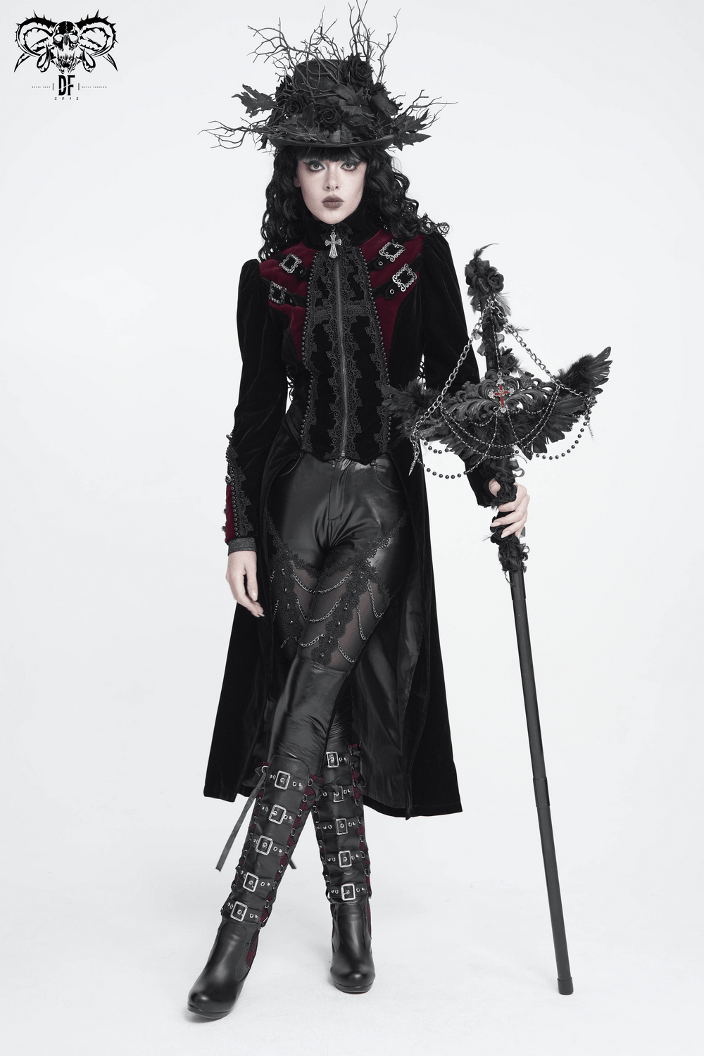 Longline Tailcoat with Embellished Cuffs and Back Panels, gothic women's outfit with high collar, lace, and metal clasps