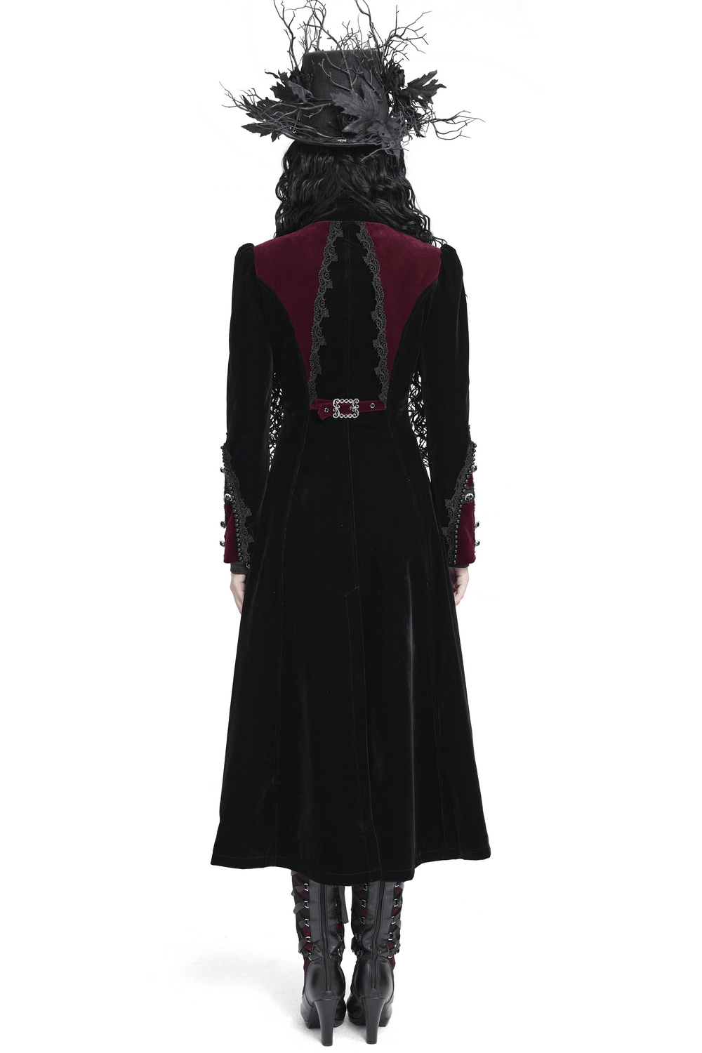 Longline Tailcoat with Embellished Cuffs and Back Panels, gothic women's tailcoat with lace trim and metal clasps
