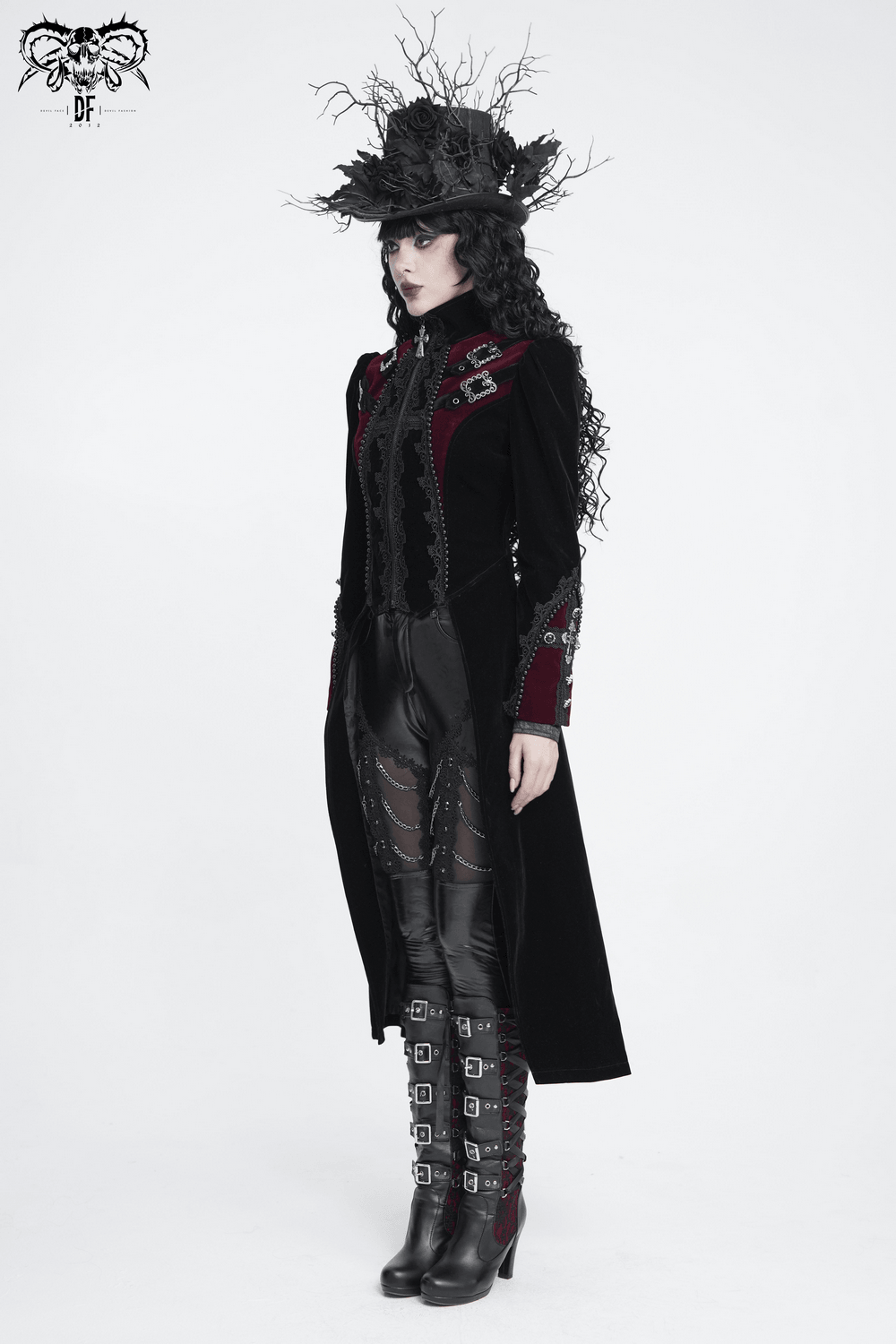 Longline Tailcoat with Embellished Cuffs and Back Panels, gothic black and burgundy women's coat with lace and metal clasps