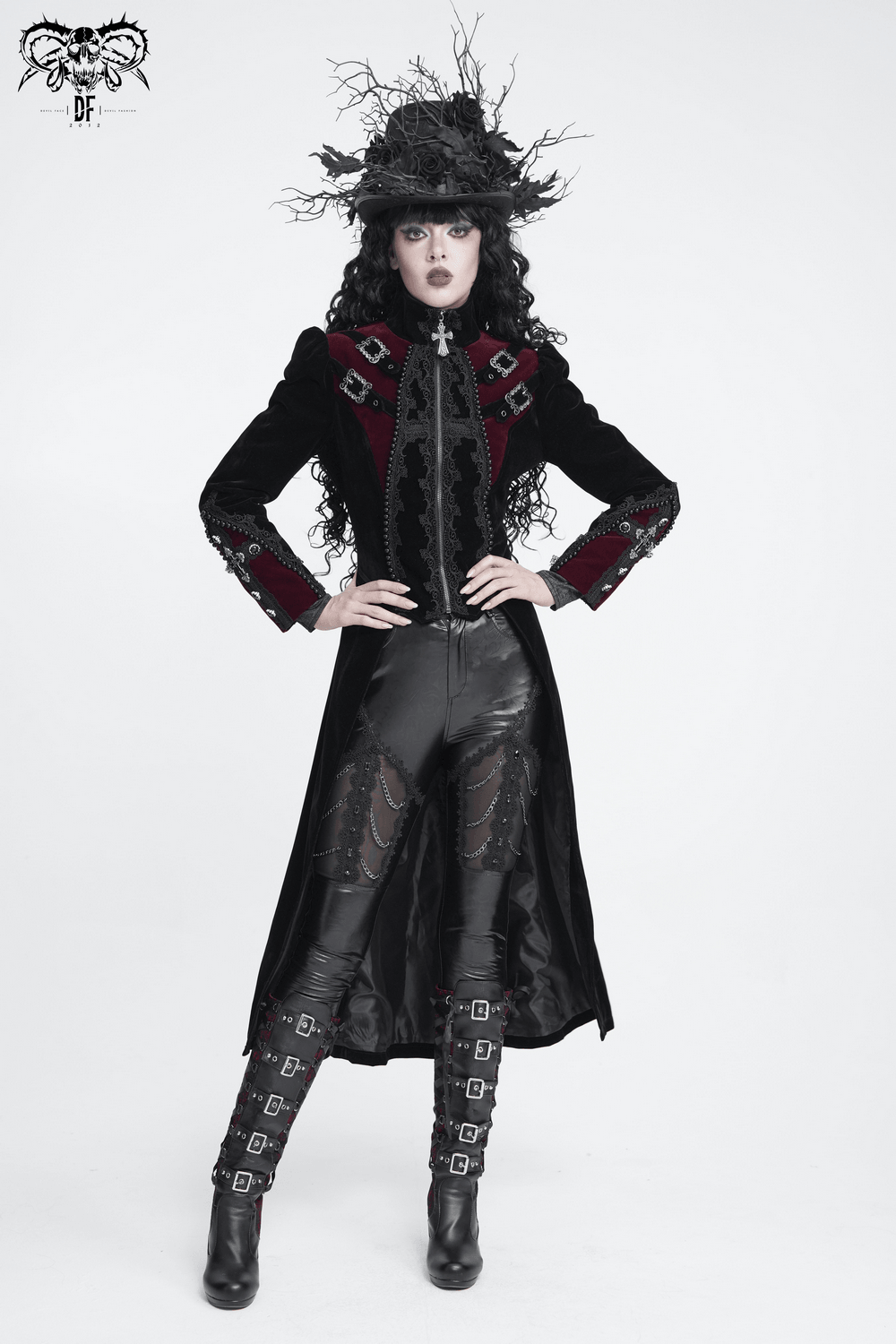 Longline Tailcoat with Embellished Cuffs and Back Panels, gothic women's tailcoat with lace trim, metal clasps and high collar