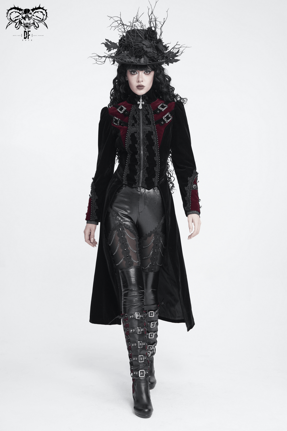 Longline Tailcoat with Embellished Cuffs and Back Panels, gothic black and burgundy women's high-collar tailcoat