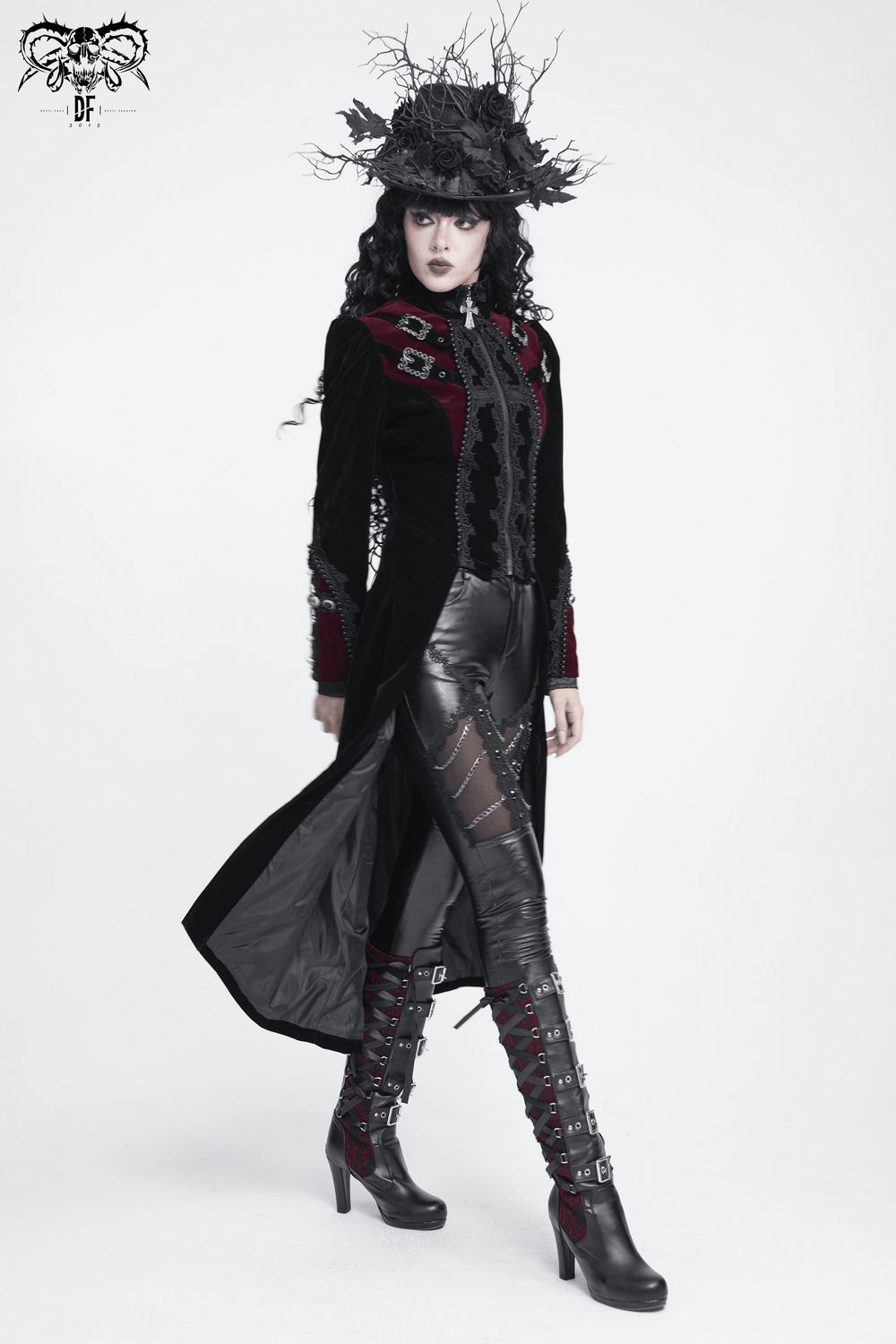Longline Tailcoat with Embellished Cuffs and Back Panels, gothic black-and-burgundy coat with lace, clasps and dramatic tail