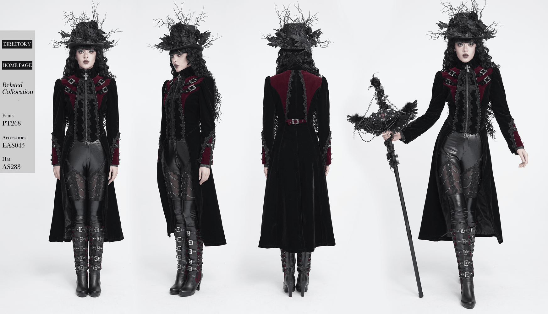 Longline Tailcoat with Embellished Cuffs and Back Panels, gothic women's coat with lace, clasps, and dramatic back panels