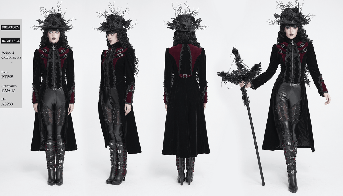 Longline Tailcoat with Embellished Cuffs and Back Panels, gothic women's coat with lace, clasps, and dramatic back panels