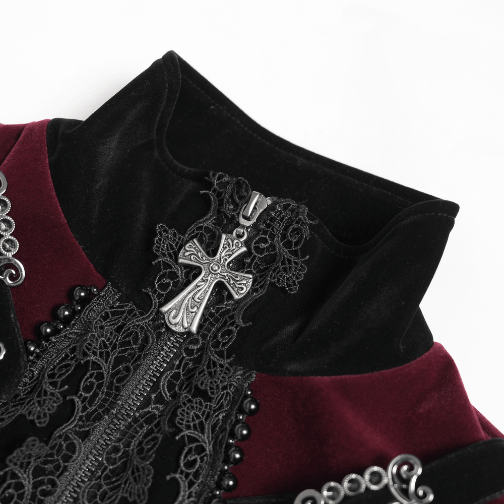 Longline Tailcoat with Embellished Cuffs and Back Panels, gothic women's tailcoat with lace, clasps and cross pendant