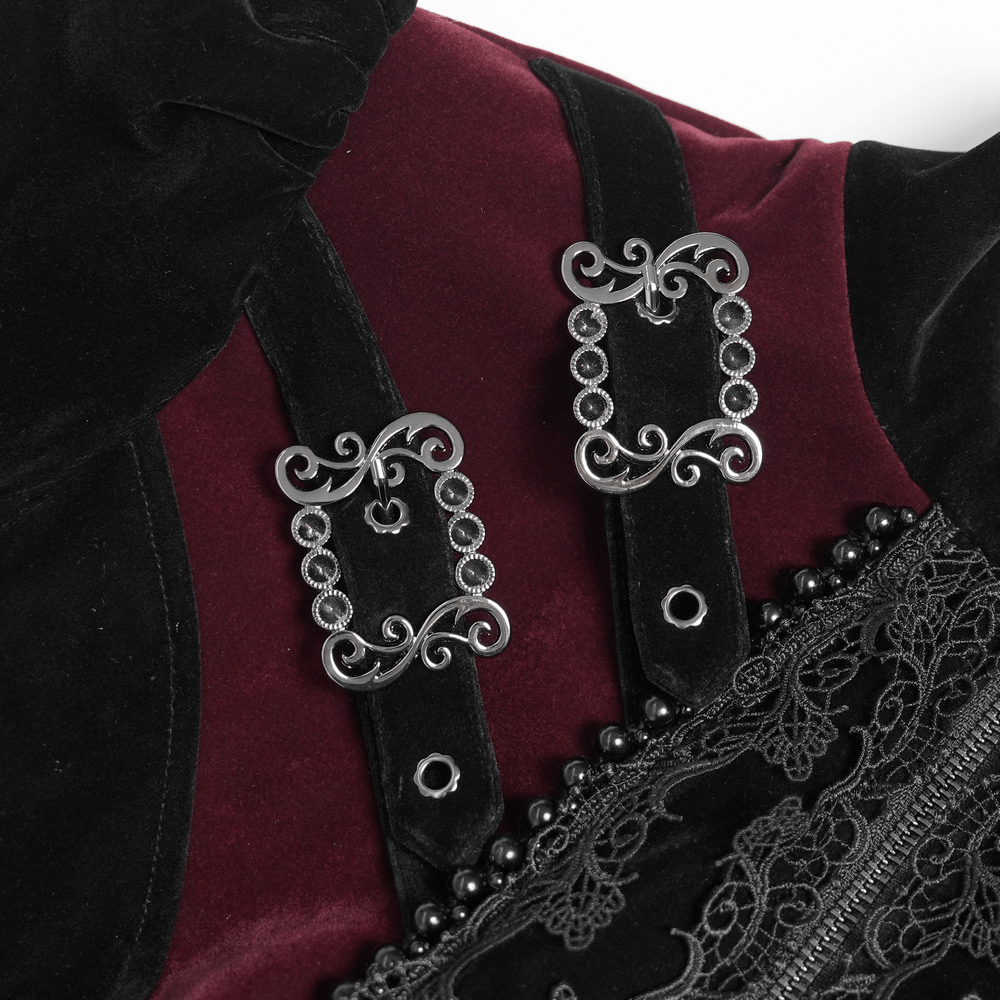Longline Tailcoat with Embellished Cuffs and Back Panels, gothic velvet detail with lace and metal clasps