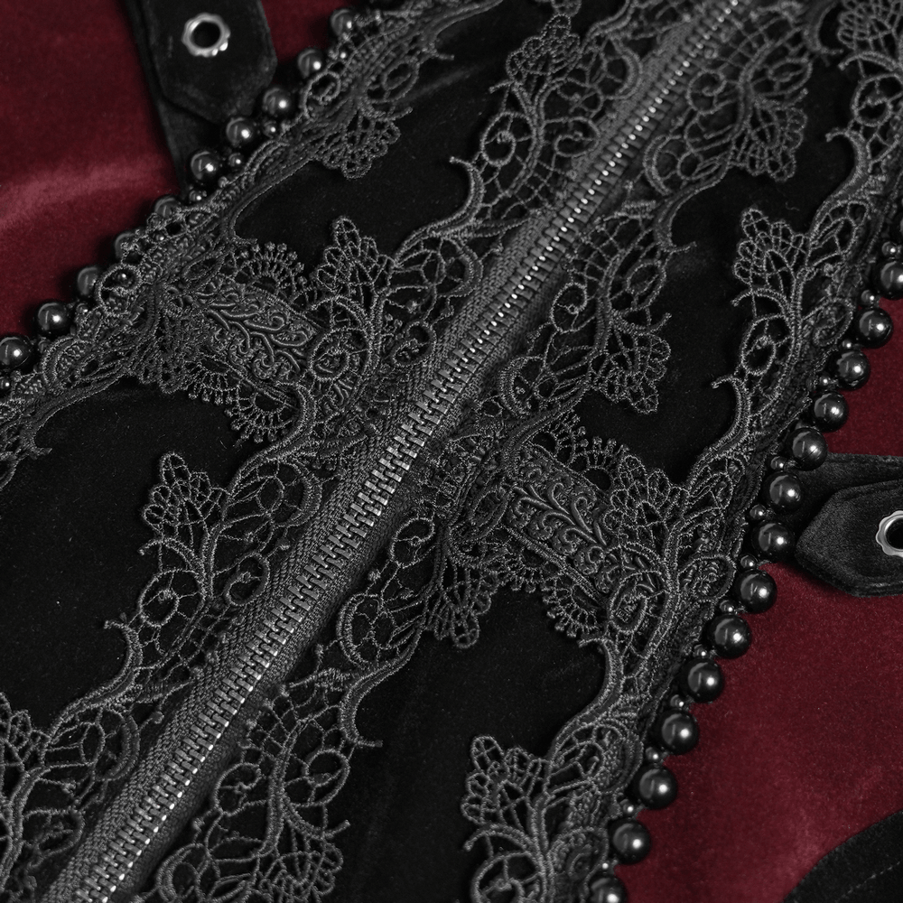 Longline Tailcoat with Embellished Cuffs and Back Panels, black lace detailing and metal clasps on rich burgundy fabric