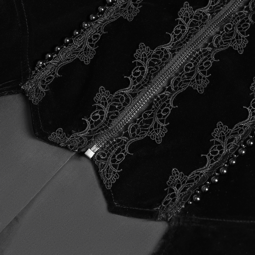 Longline Tailcoat with Embellished Cuffs and Back Panels, black lace trim, metal clasps and zip detail for gothic flair