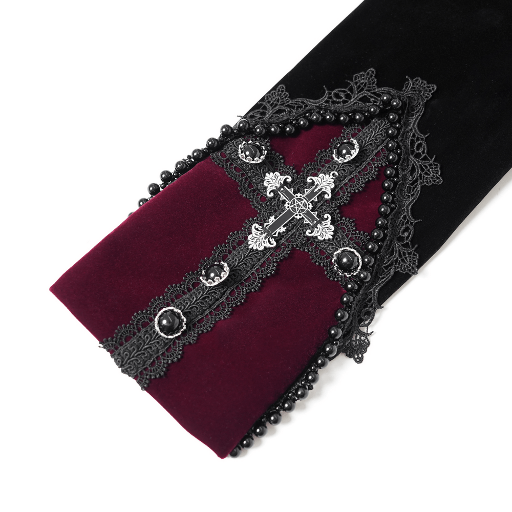 Longline Tailcoat with Embellished Cuffs and Back Panels, gothic burgundy and black lace detail with jeweled cross trim