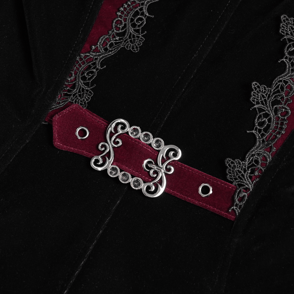 Longline Tailcoat with Embellished Cuffs and Back Panels, black velvet with lace and silver metal clasps