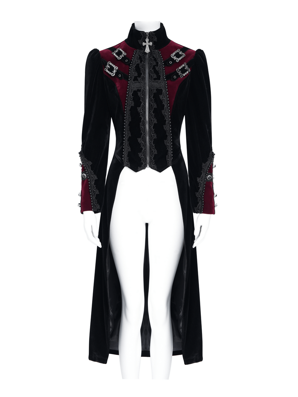Longline Tailcoat with Embellished Cuffs and Back Panels, women's gothic high-collar jacket with lace and clasps