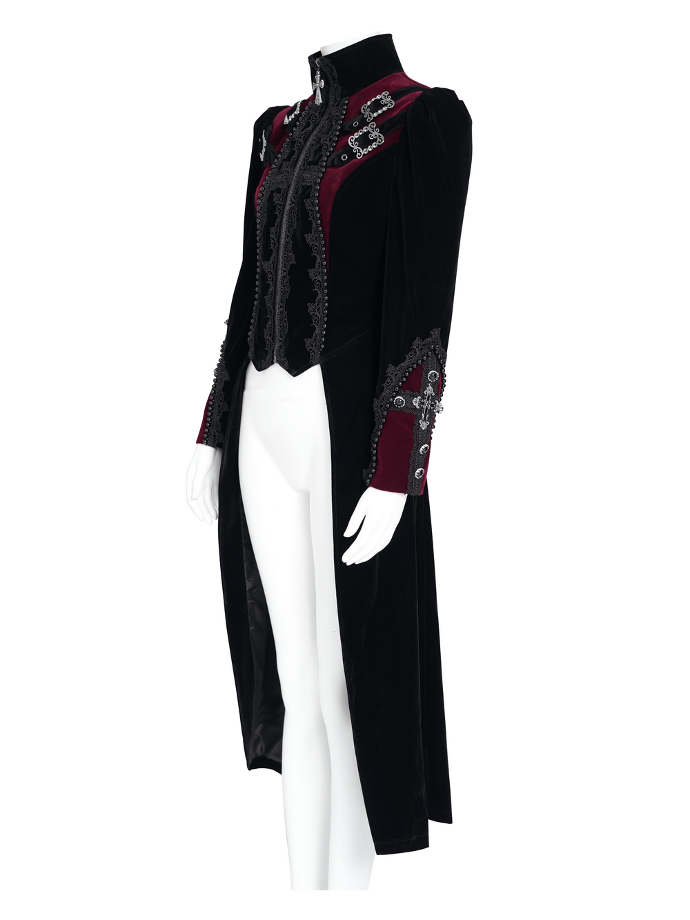 Longline Tailcoat with Embellished Cuffs and Back Panels, gothic women's coat with lace, clasps and dramatic flowing tail