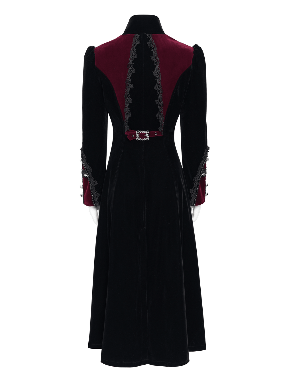 Longline Tailcoat with Embellished Cuffs and Back Panels, black and burgundy women's gothic coat with lace trim