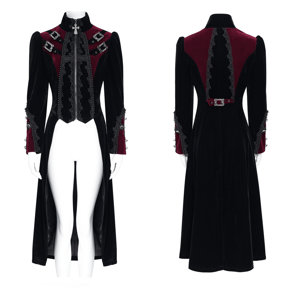 Longline Tailcoat with Embellished Cuffs and Back Panels, black-burgundy women's gothic tailcoat with lace trim and metal clasps