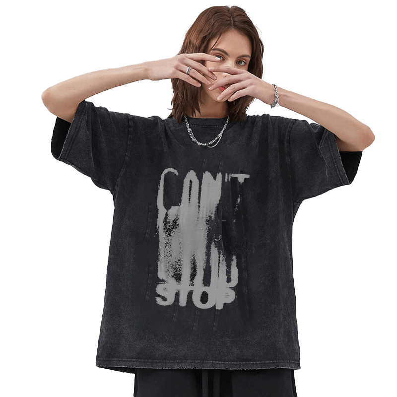 Loose black cotton t-shirt with 'CAN'T STOP' graphic print, perfect for unisex gothic style.