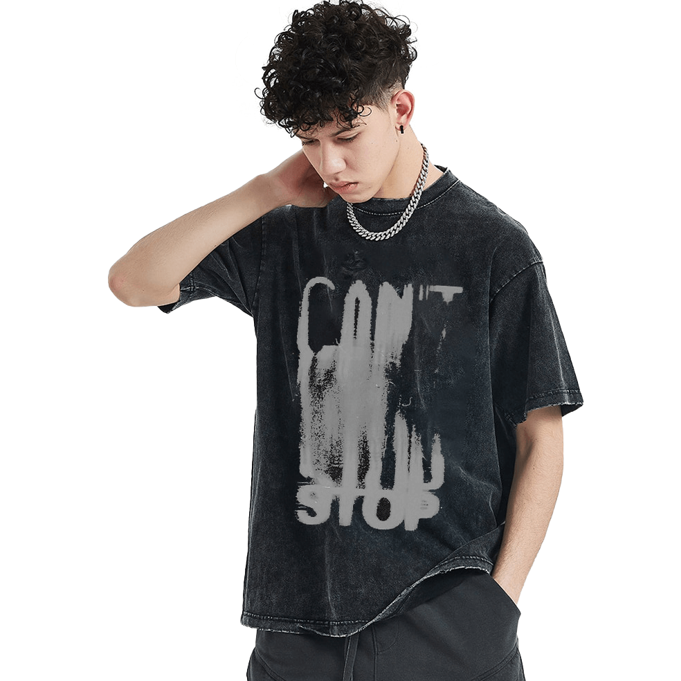 Unisex loose black t-shirt featuring a stylish 'Can't Stop' graphic print, perfect for gothic fashion lovers.