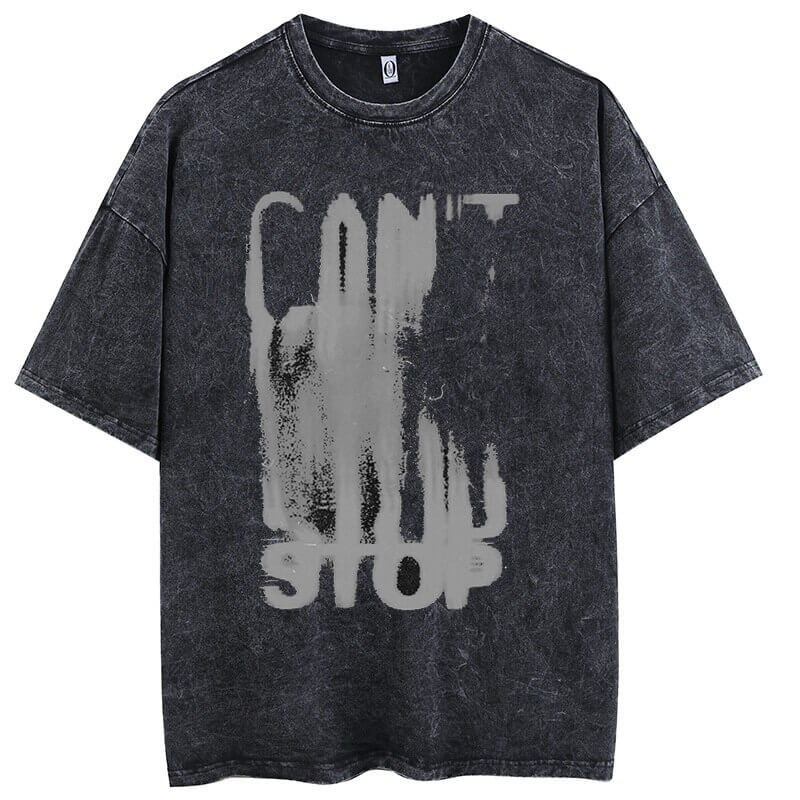 Loose black cotton t-shirt with 'Can't Stop' graphic print, unisex gothic style for men and women.