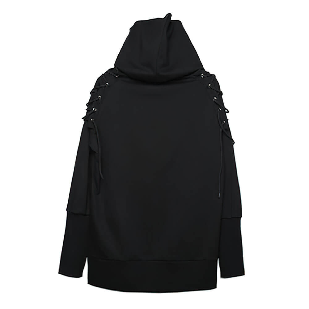 Stylish black hooded sweatshirt for men and women with unique lace detail on shoulders.