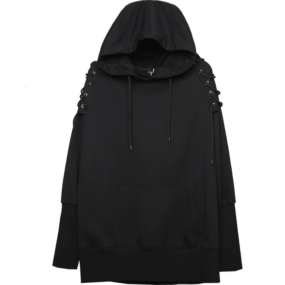 Stylish black hooded sweatshirt for men with unique lace detail on shoulders, perfect for casual wear.